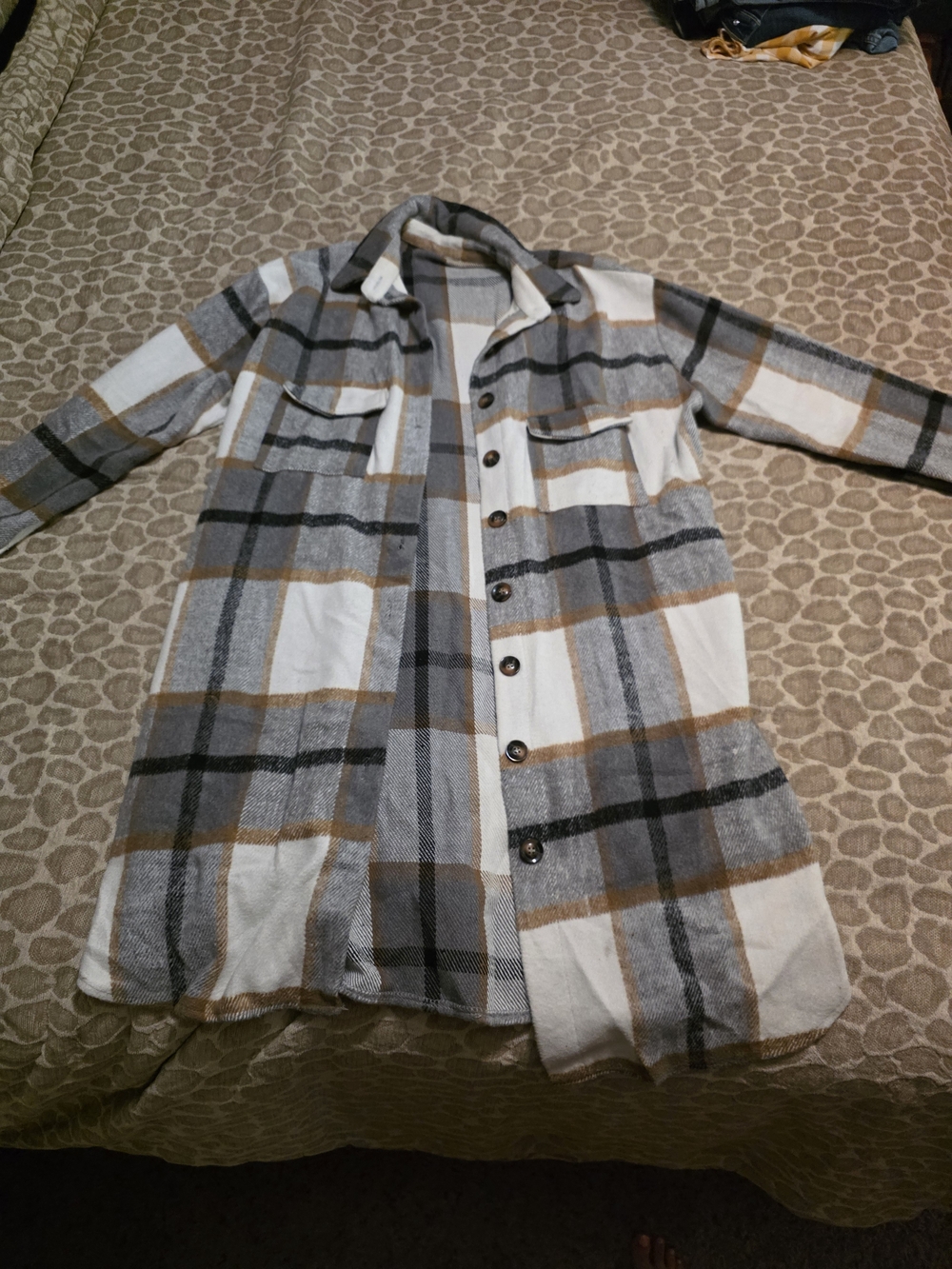 Plaid Button-Front Long Shacket Jacket - White, Gray & Brown